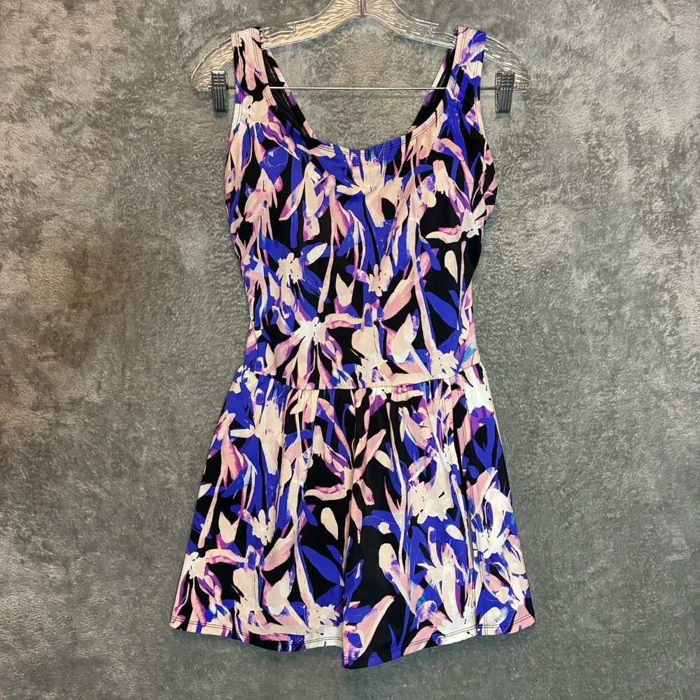 Swimsuits for All Womens Floral Side Slit Swim Dress 16 Plus Botanical Colorful
